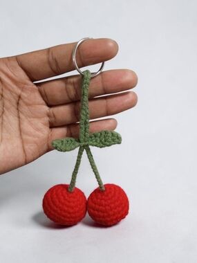 4pc Handcrafted Red Cherry Crochet Keychain with Green Stem